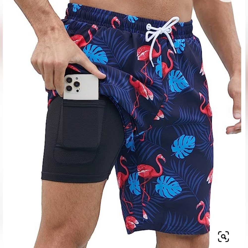 Sredhy Flamingo Print Swim Trunks with Compression Liner Size S